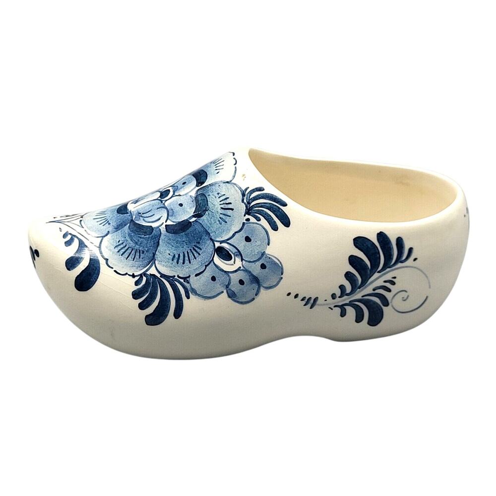 Vintage Delft Porcelain Clog Shoe White Blue Flowers Handpainted 5.5" Long
